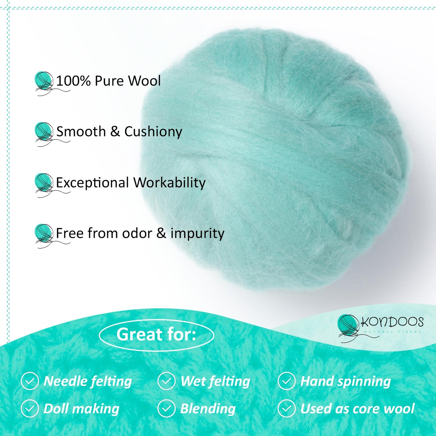 Kondoos Natural Wool roving, 2 OZ. Best Wool for Needle Felting and Wet Felting, handcrafts and DIY Spinning Projects, Wool Felting Supplies. Dyed Colors. (Acqua, 2 oz)