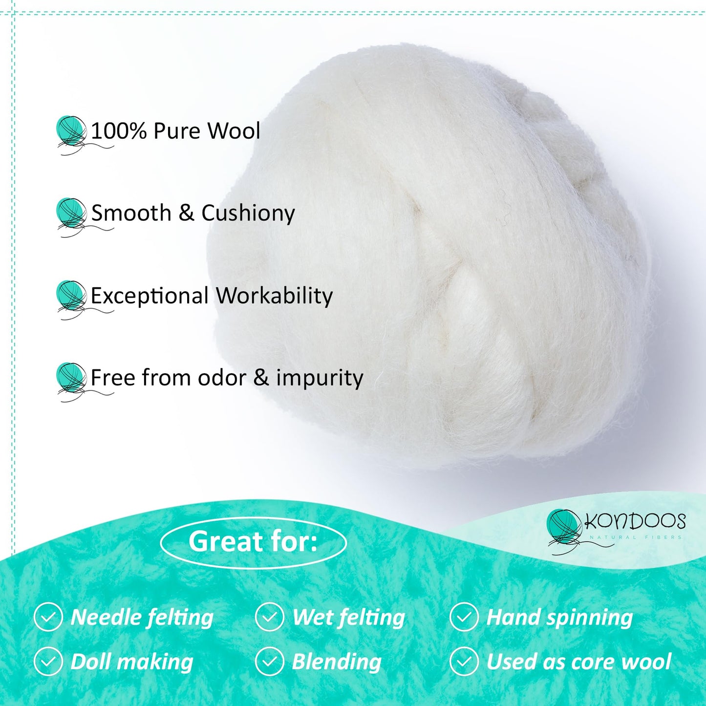 Kondoos Natural Wool roving, 2 OZ. Best Wool for Needle Felting and Wet Felting, handcrafts and DIY Spinning Projects, Wool Felting Supplies. Natural Colours, un-Dyed. (Ecru, 2 oz)