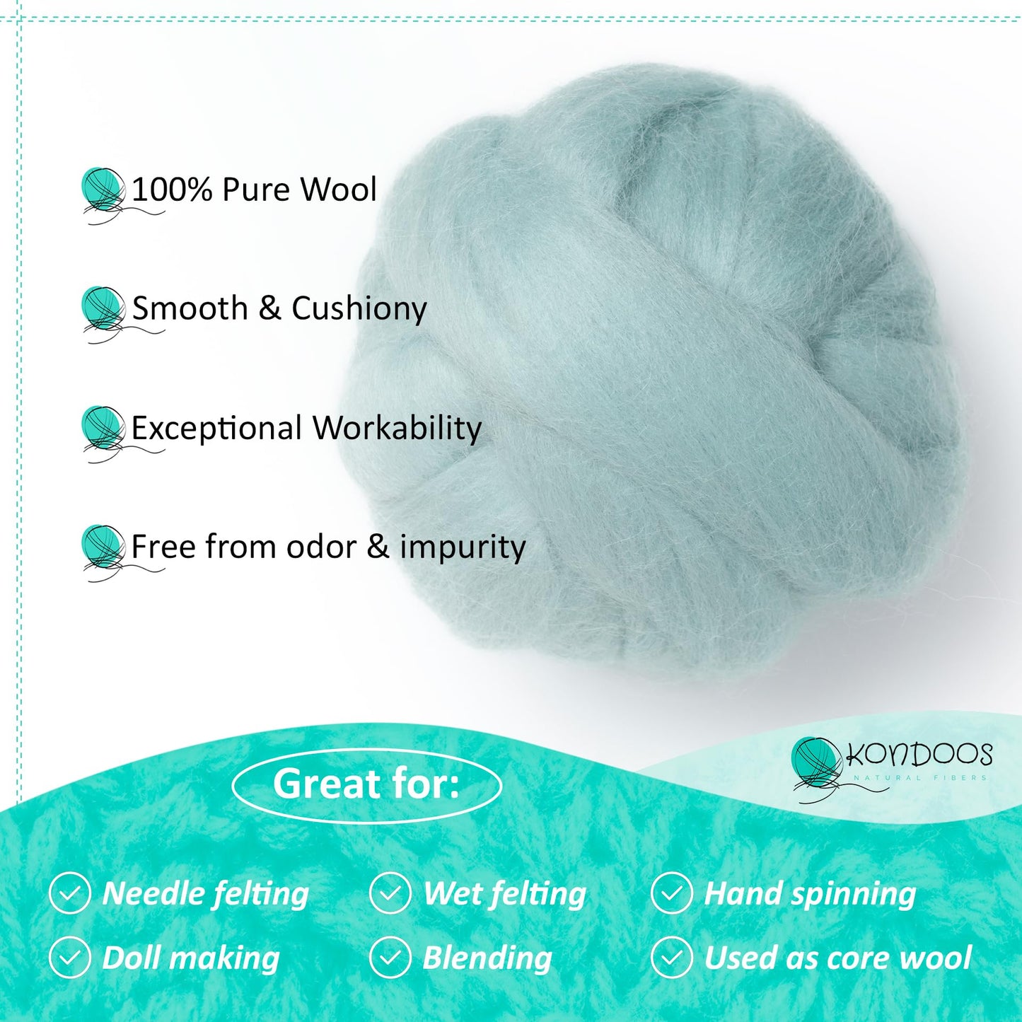 Kondoos Natural Wool roving, 2 OZ. Best Wool for Needle Felting and Wet Felting, handcrafts and DIY Spinning Projects, Wool Felting Supplies. Dyed Colors. (Light Blue, 2 oz)