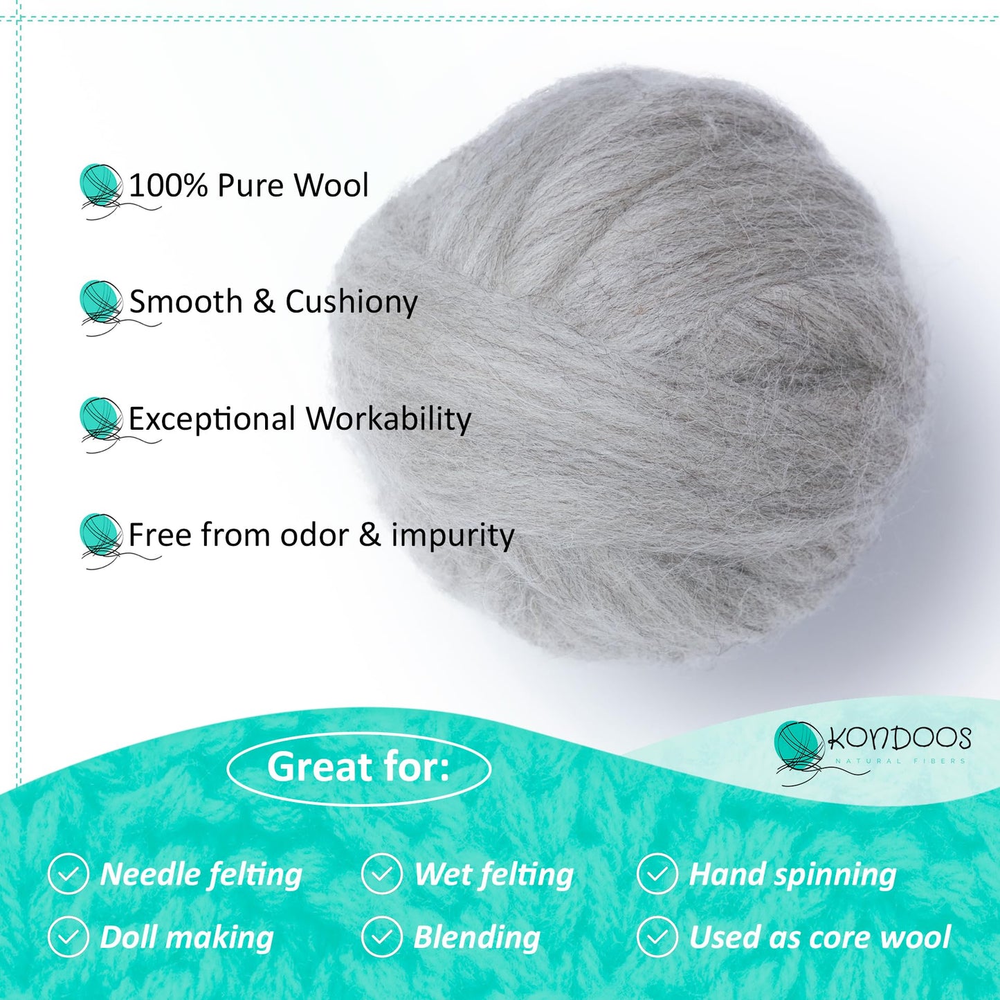 Kondoos Natural Wool roving, 2 OZ. Best Wool for Needle Felting and Wet Felting, handcrafts and DIY Spinning Projects, Wool Felting Supplies. Natural Colours, un-Dyed. (Sand, 2 oz)