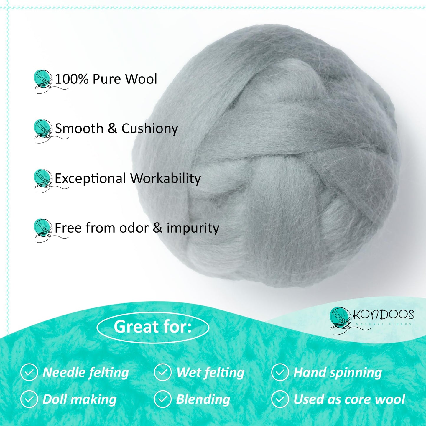 Kondoos Natural Wool roving, 2 OZ. Best Wool for Needle Felting and wet felting, handcrafts and DIY spinning Projects, Wool Felting Supplies. Dyed colors. (Silver, 2 oz)