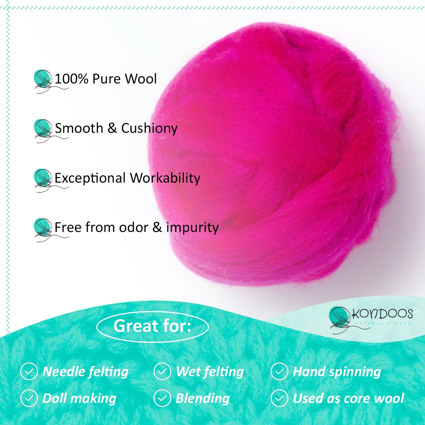 Kondoos Natural Wool roving, 2 OZ. Best Wool for Needle Felting and Wet Felting, handcrafts and DIY Spinning Projects, Wool Felting Supplies. Dyed Colors. (Magenta, 2 oz)