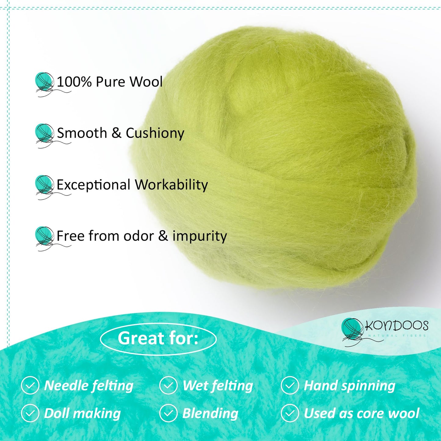 Kondoos Natural Wool roving, 2 OZ. Best Wool for Needle Felting and Wet Felting, handcrafts and DIY Spinning Projects, Wool Felting Supplies. Dyed Colors. (Green Lime, 2 oz)