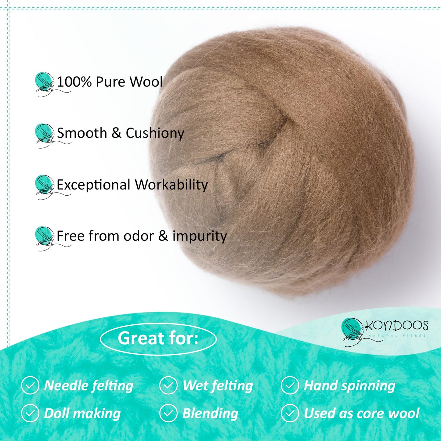 Kondoos Natural Wool roving, 2 OZ. Best Wool for Needle Felting and Wet Felting, handcrafts and DIY Spinning Projects, Wool Felting Supplies. Dyed Colors. (Tobacco, 2 oz)