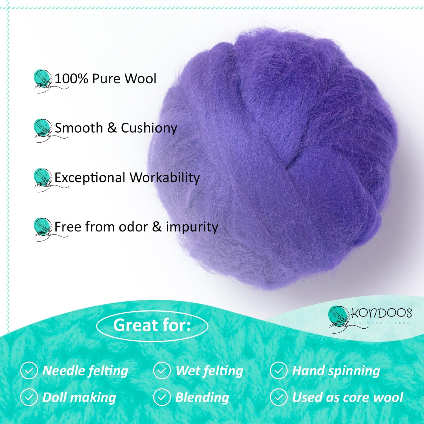 Kondoos Natural Wool roving, 2 OZ. Best Wool for Needle Felting and Wet Felting, handcrafts and DIY Spinning Projects, Wool Felting Supplies. Dyed Colors. (Purple, 2 oz)