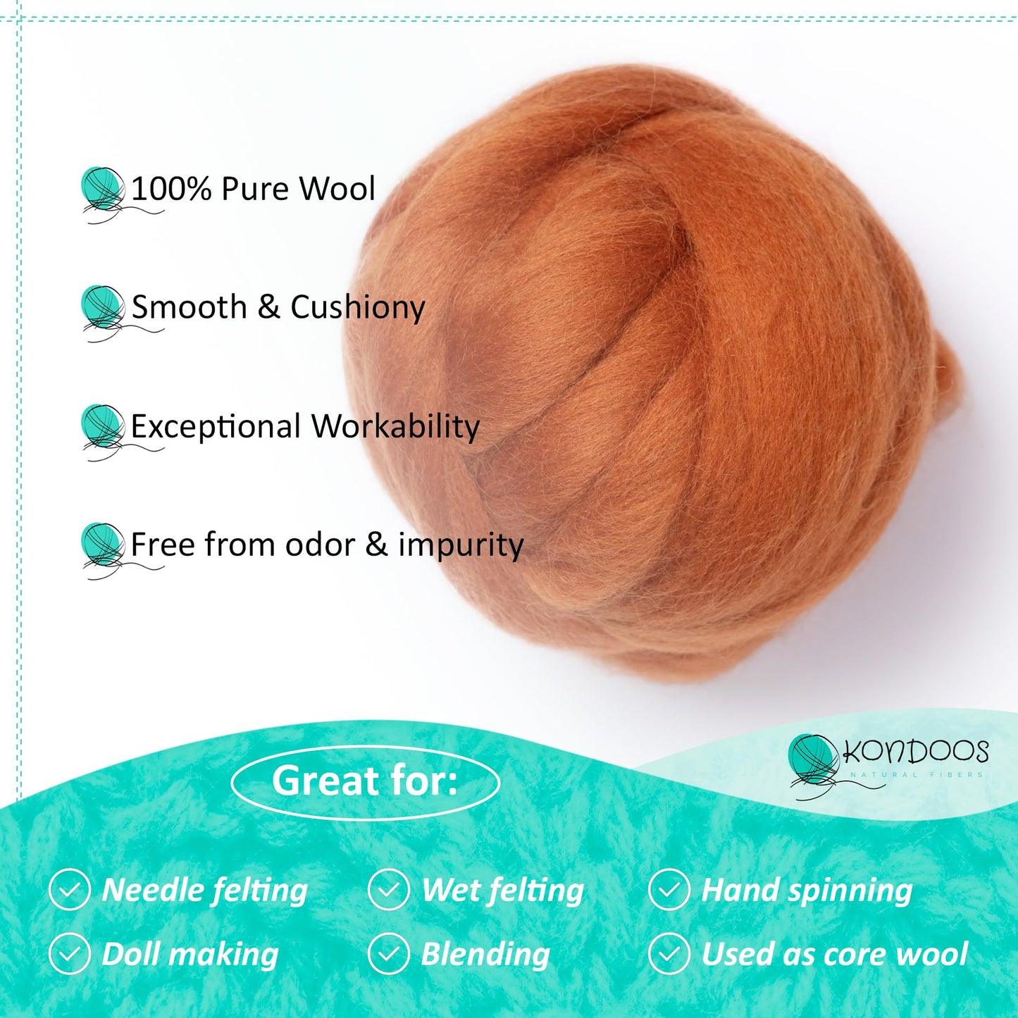 Kondoos Natural Wool roving, 2 OZ. Best Wool for Needle Felting and wet felting, handcrafts and DIY spinning Projects, Wool Felting Supplies. Dyed colors. (Ocher, 2 oz)