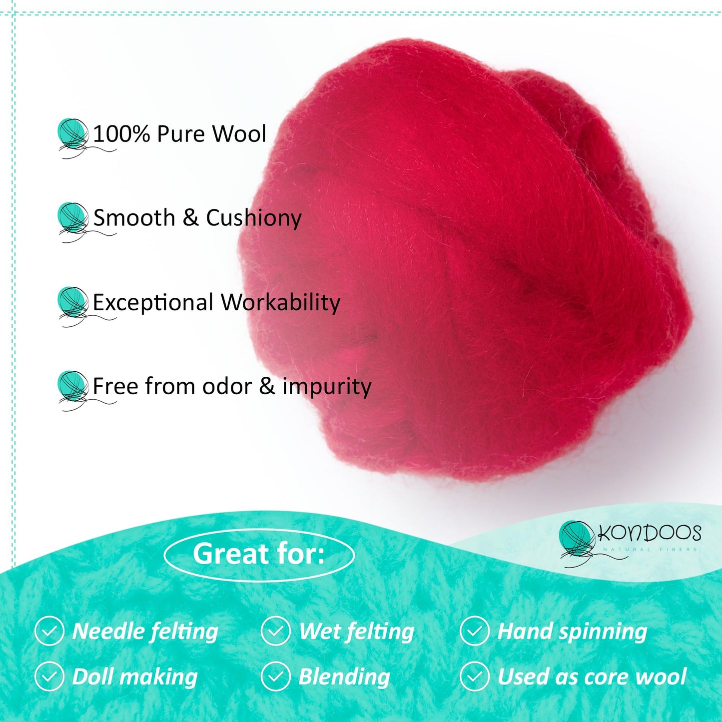 2 oz Natural Wool Roving: Dyed Fiber for Felting, Handcrafts & Spinning  (Red, 2 oz)