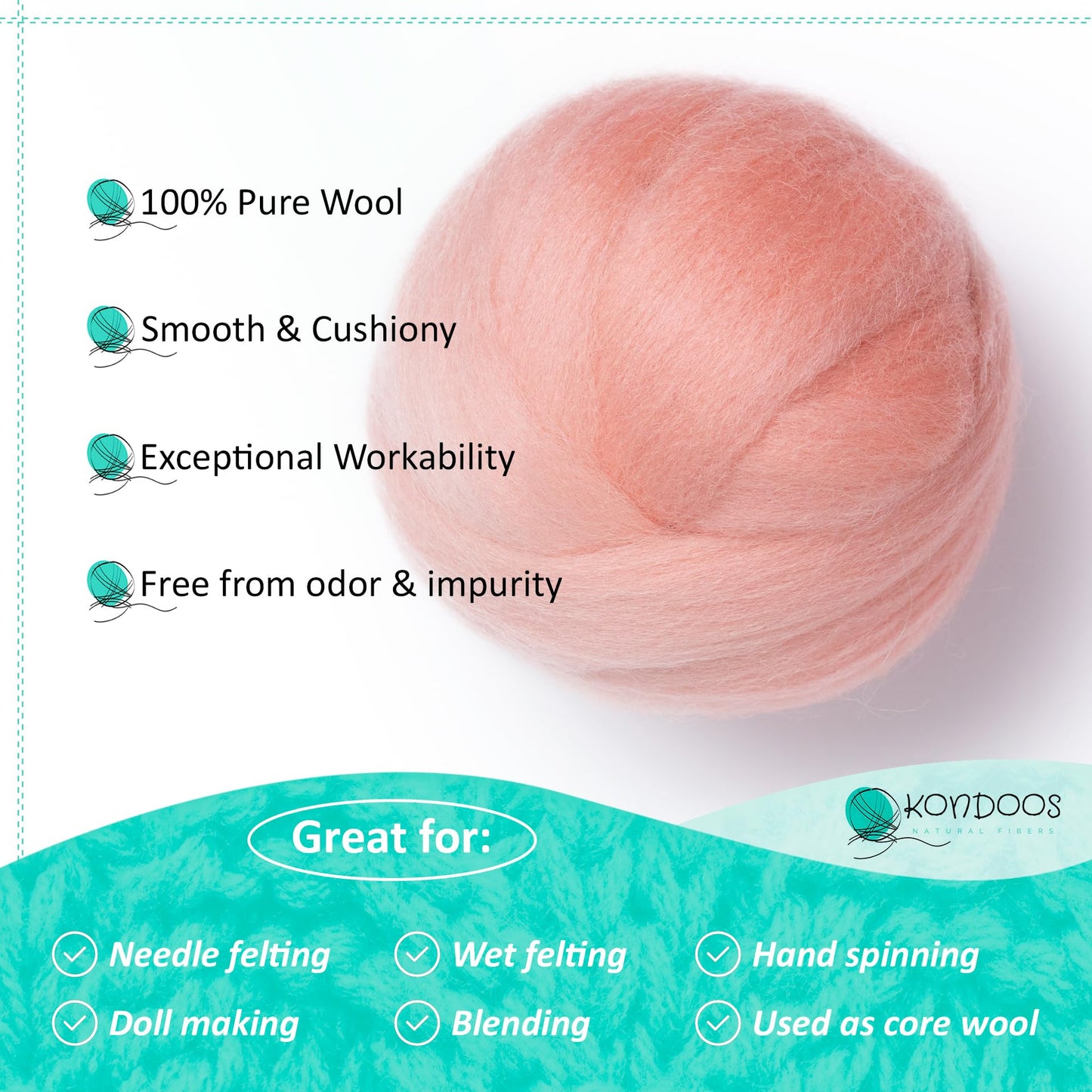 Kondoos Natural Wool roving, 2 OZ. Best Wool for Needle Felting and Wet Felting, handcrafts and DIY Spinning Projects, Wool Felting Supplies. Dyed Colors. (Salmon Pink, 2 oz)
