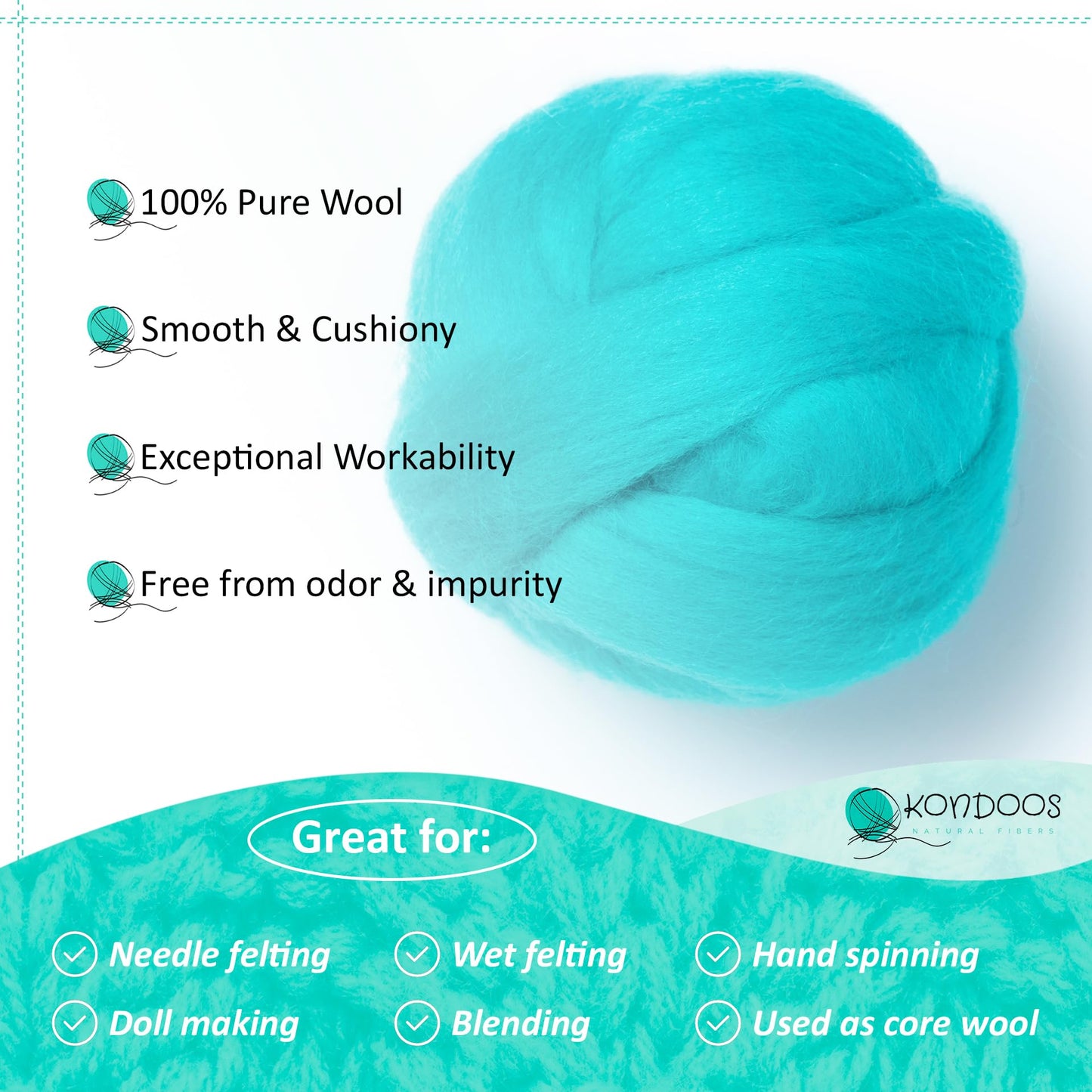 2 oz Natural Wool Roving: Dyed Fiber for Felting, Handcrafts & Spinning (Cyan, 2 oz)