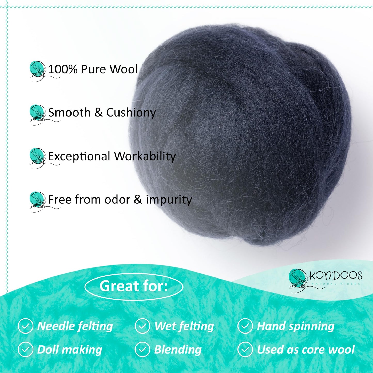 2 oz Natural Wool Roving: Dyed Fiber for Felting, Handcrafts & Spinning (Blue Navy, 2 oz)