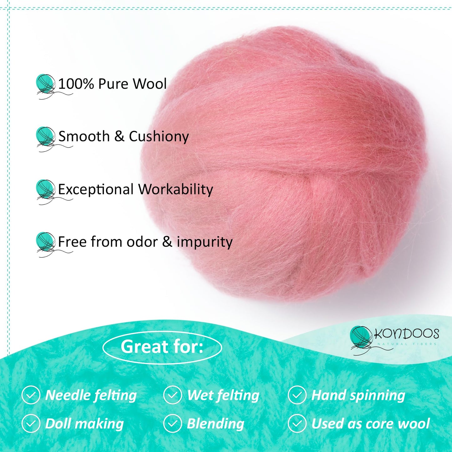 Kondoos Natural Wool roving, 2 OZ. Best Wool for Needle Felting and Wet Felting, handcrafts and DIY Spinning Projects, Wool Felting Supplies. Dyed Colors. (Wild Watermelon, 2 oz)