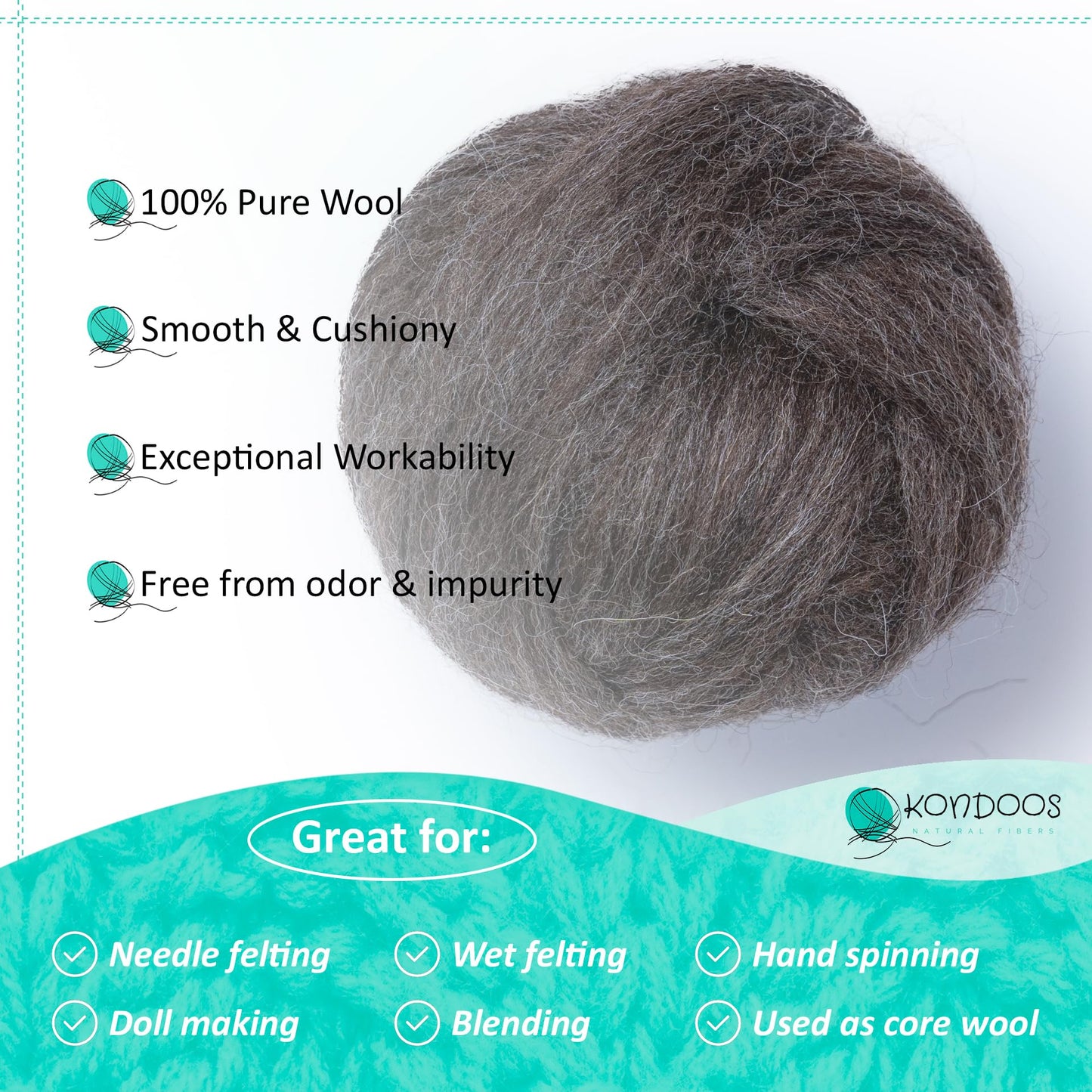 Kondoos Natural Combed Wool roving, 8 OZ. Best Wool for Needle Felting, handcrafts and Spinning. Natural Colours, un-Dyed. (Mocha, 8 oz)