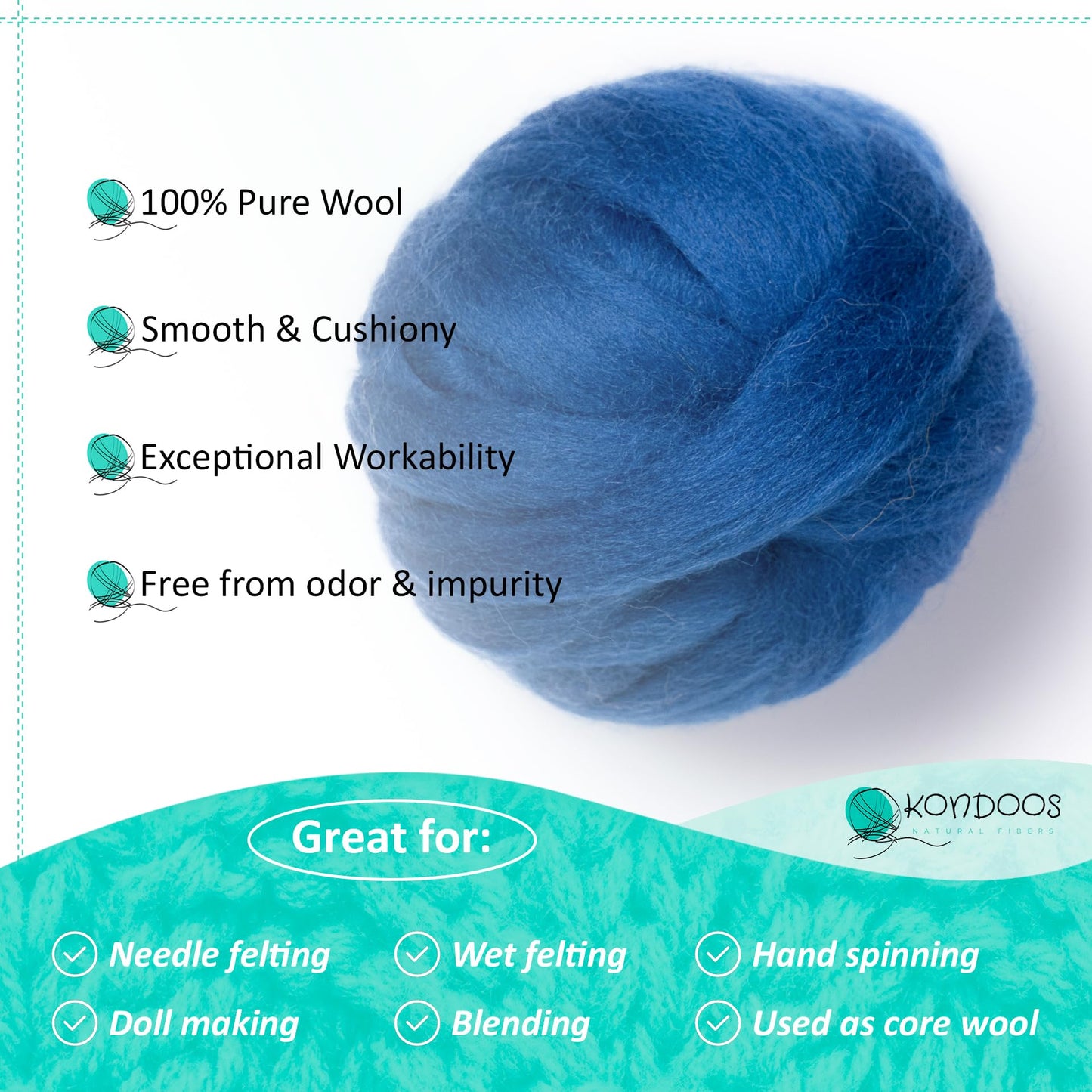 2 oz Natural Wool Roving: Dyed Fiber for Felting, Handcrafts & Spinning (Electric Blue, 2 oz)