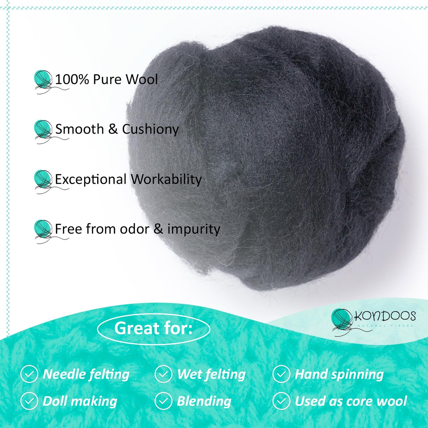 Kondoos Natural Wool roving, 2 OZ. Best Wool for Needle Felting and Wet Felting, handcrafts and DIY Spinning Projects, Wool Felting Supplies. Dyed Colors. (Total Black, 2 oz)