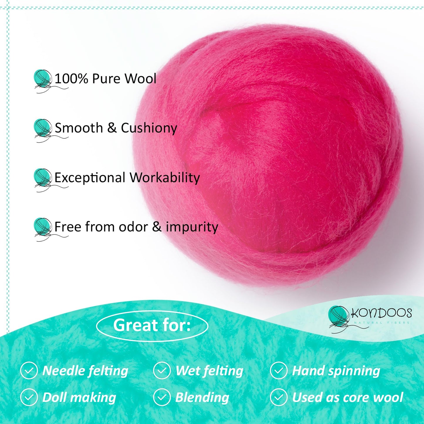 2 oz Natural Wool Roving: Dyed Fiber for Felting, Handcrafts & Spinning (Fuchsia, 2 oz)