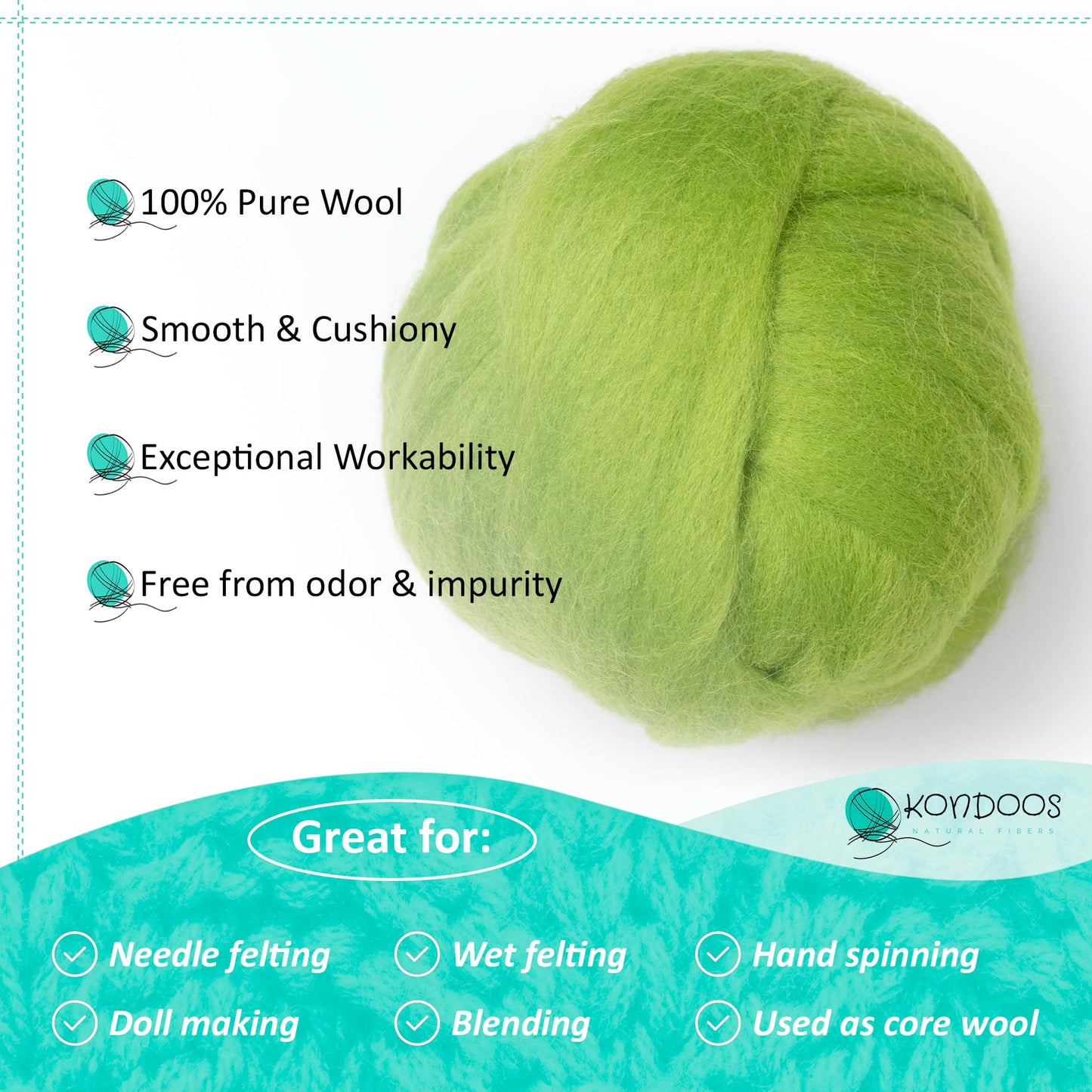 Kondoos Natural Wool roving, 2 OZ. Best Wool for Needle Felting and Wet Felting, handcrafts and DIY Spinning Projects, Wool Felting Supplies. Dyed Colors. (Green Apple, 2 oz)