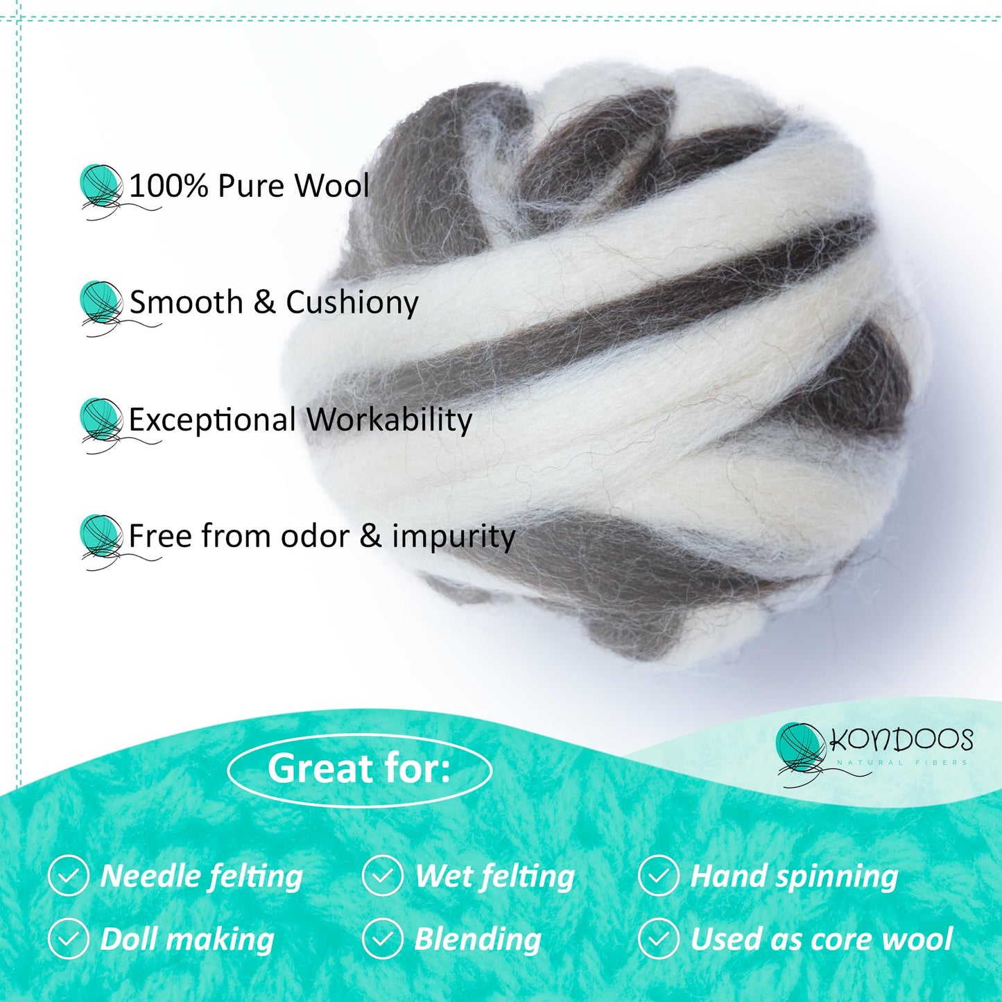 Kondoos Natural Wool roving, 2 OZ. Best Wool for Needle Felting and Wet Felting, handcrafts and DIY Spinning Projects, Wool Felting Supplies. Natural Colours, un-Dyed. (Zebra(Ecru/Mocha), 2 oz)