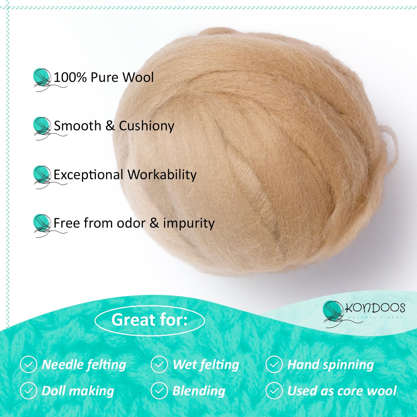 2 oz Natural Wool Roving: Dyed Fiber for Felting, Handcrafts & Spinning  (Beige, 2 oz)