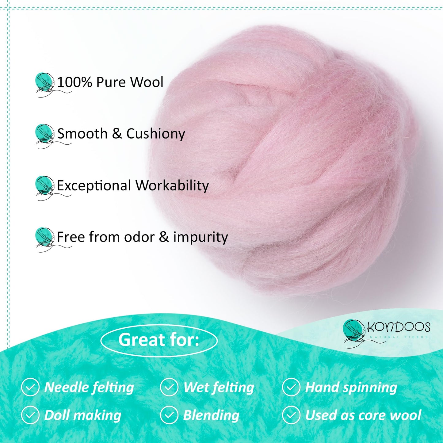 Kondoos Natural Wool roving, 2 OZ. Best Wool for Needle Felting and Wet Felting, handcrafts and DIY Spinning Projects, Wool Felting Supplies. Dyed Colors. (Baby Pink, 2 oz)