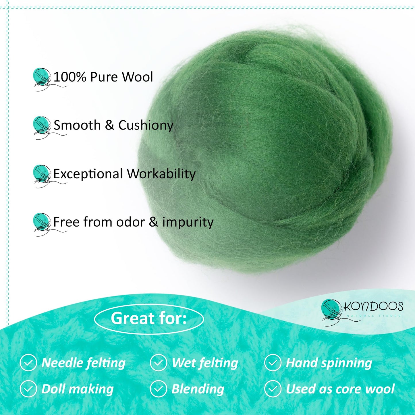 2 oz Natural Wool Roving: Dyed Fiber for Felting, Handcrafts & Spinning (Grass Green, 2 oz)